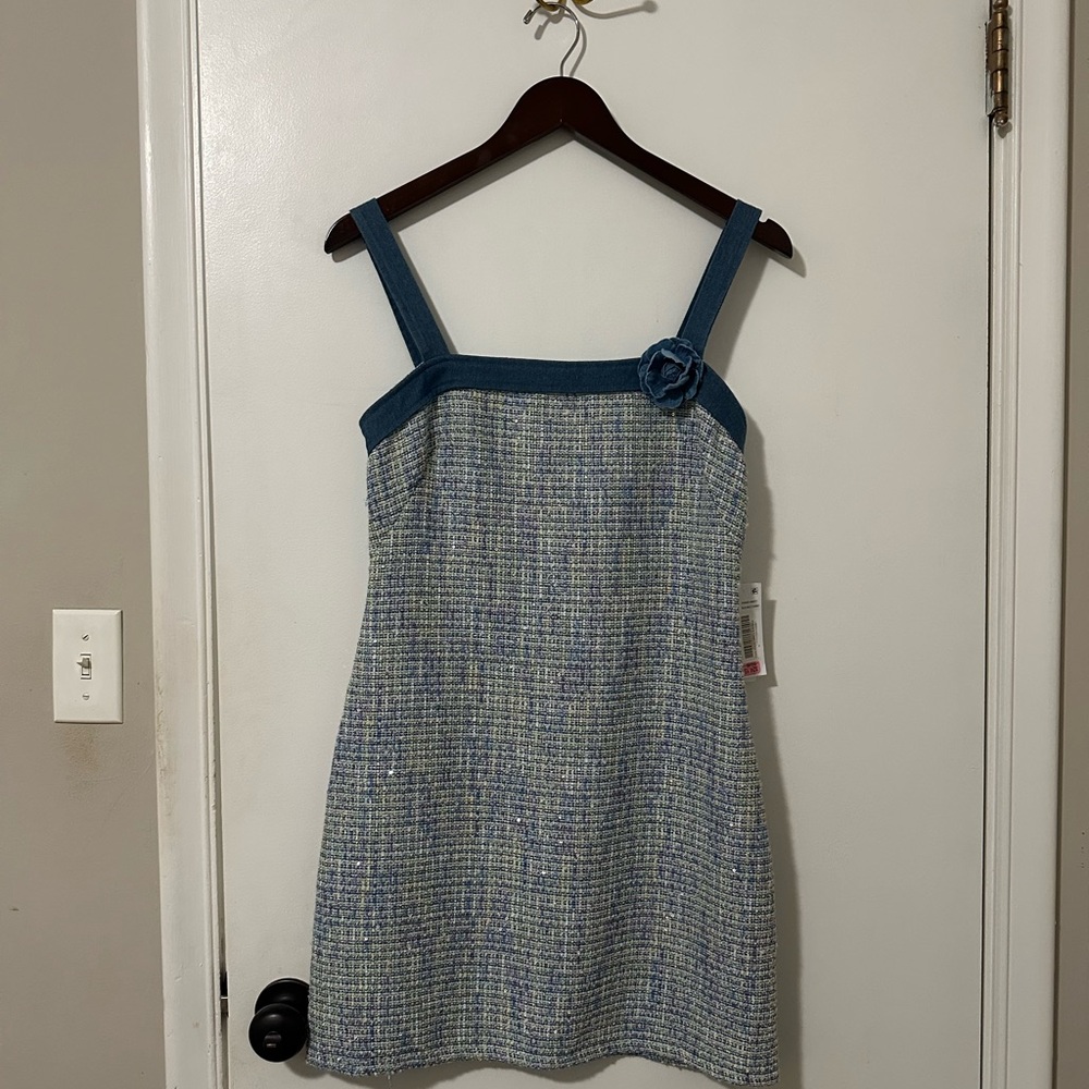 Blue Tweed Mini Dress with Strap Detail
